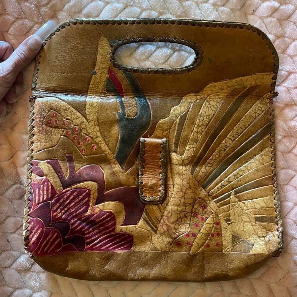 Vintage Leather Handbag with Floral Design